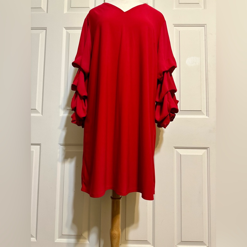 Women’s Cato Red W/Tiered Puff Sleeve V-Neck Dress, Size:XL
